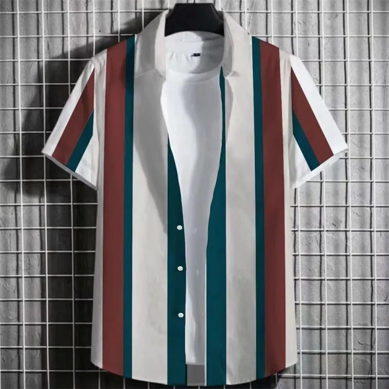 Man wearing a linen short sleeve t-shirt with a 3D printed colour simple striped pattern.