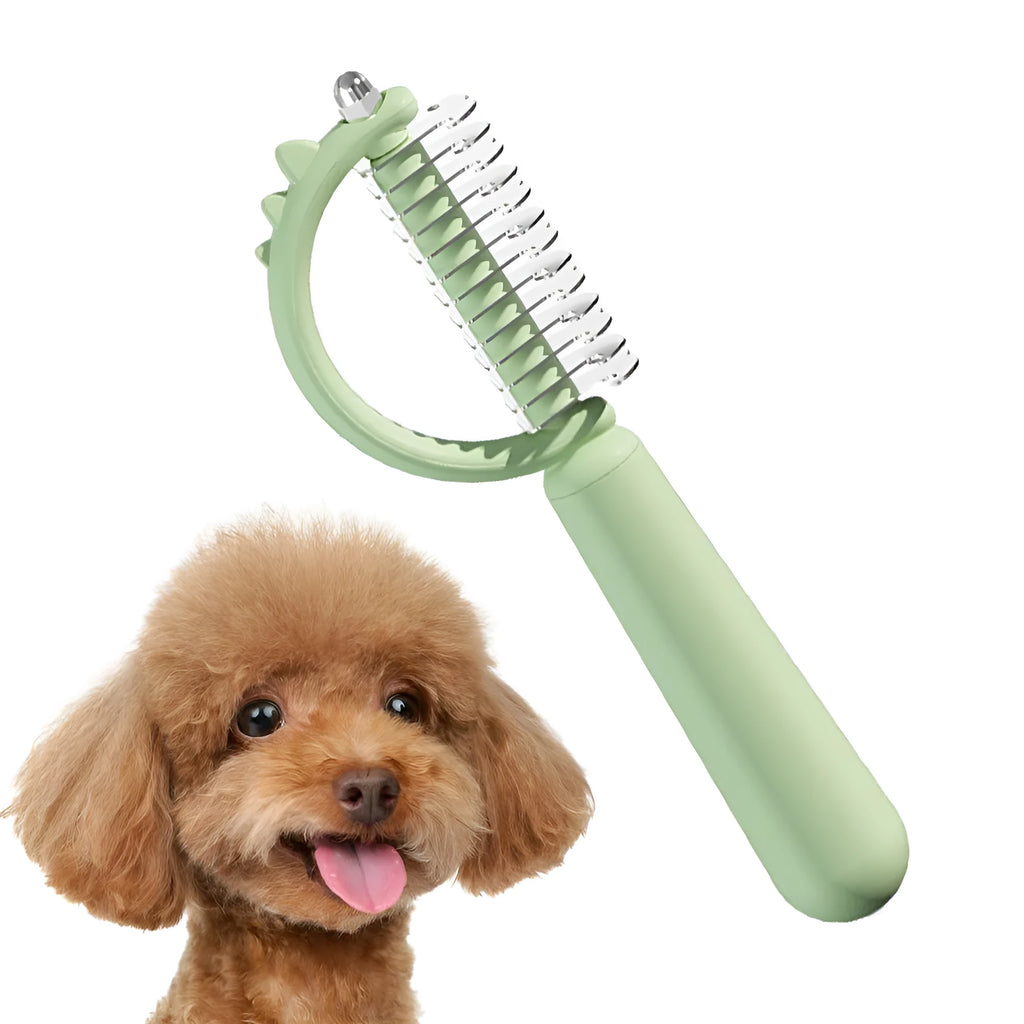 Blue dinosaur-shaped cat brush with double-sided head and self-cleaning button