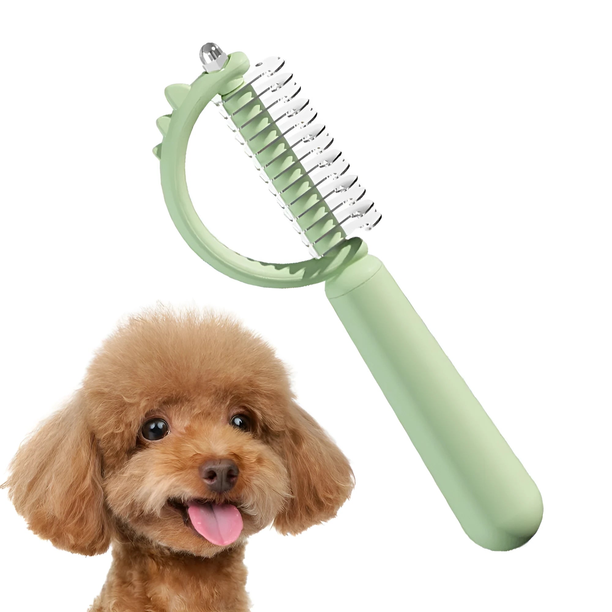 Blue dinosaur-shaped cat brush with double-sided head and self-cleaning button