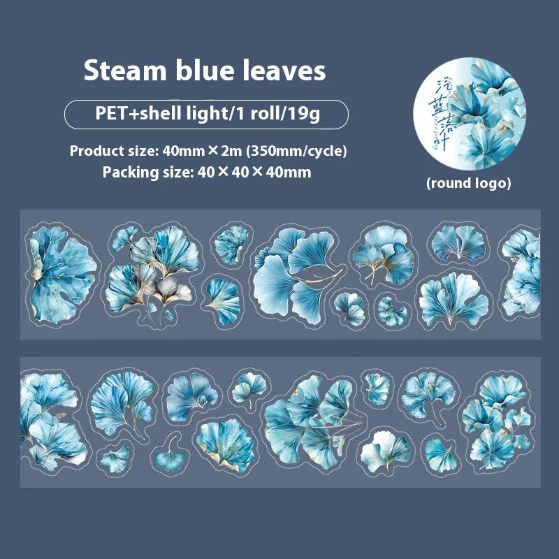 Roll of decorative leaf pattern stickers for hand account books showing six different natural designs including ginkgo and maple leaves