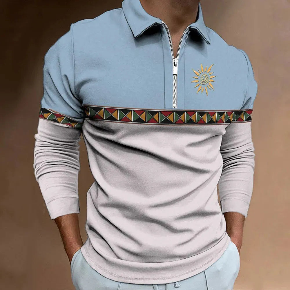 Man wearing a loose fit long sleeve t-shirt with retro colour printing and stripe pattern for golf or casual wear