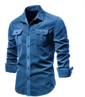 Men's denim blue linen long-sleeve casual shirt laid flat, showing button front and relaxed fit.