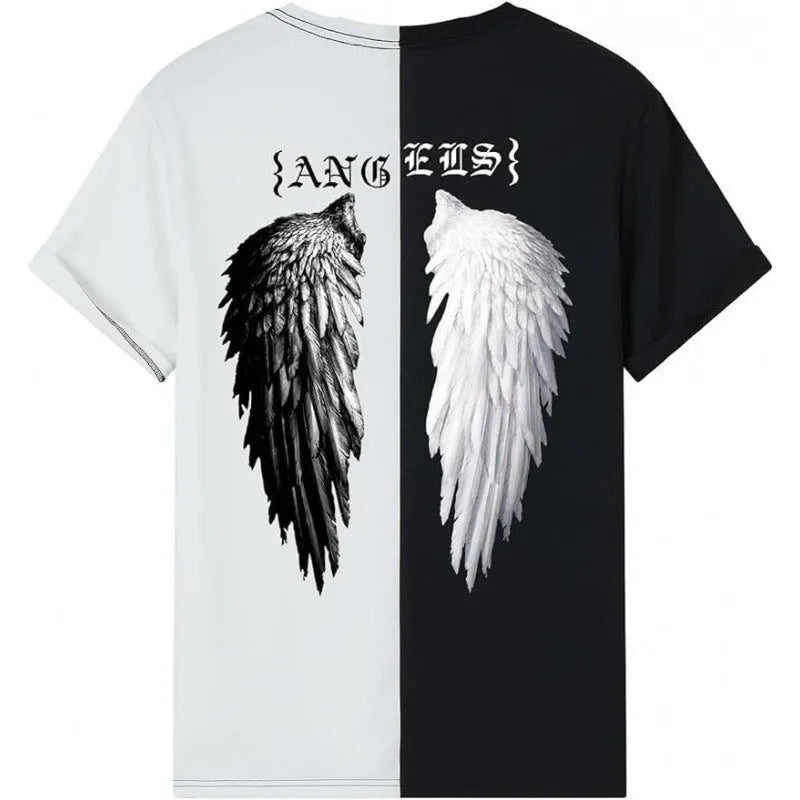 Men's grey printed street style short-sleeved sports T-shirt on a hanger.