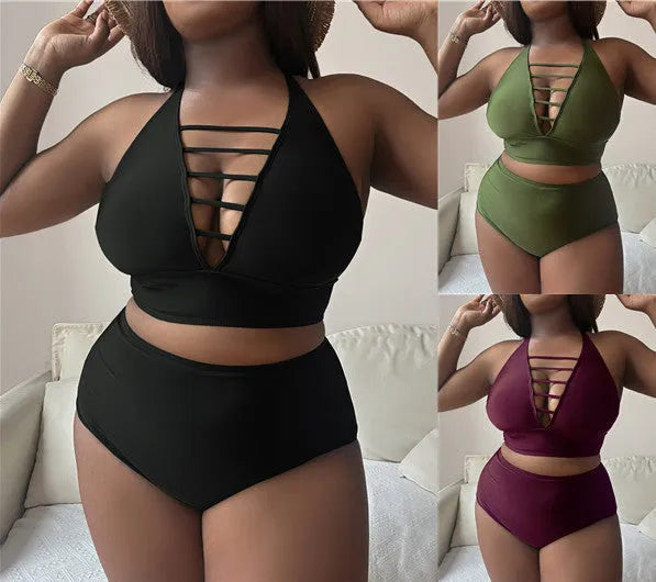 Plus size woman in black adjustable halter bikini with high-waisted briefs.