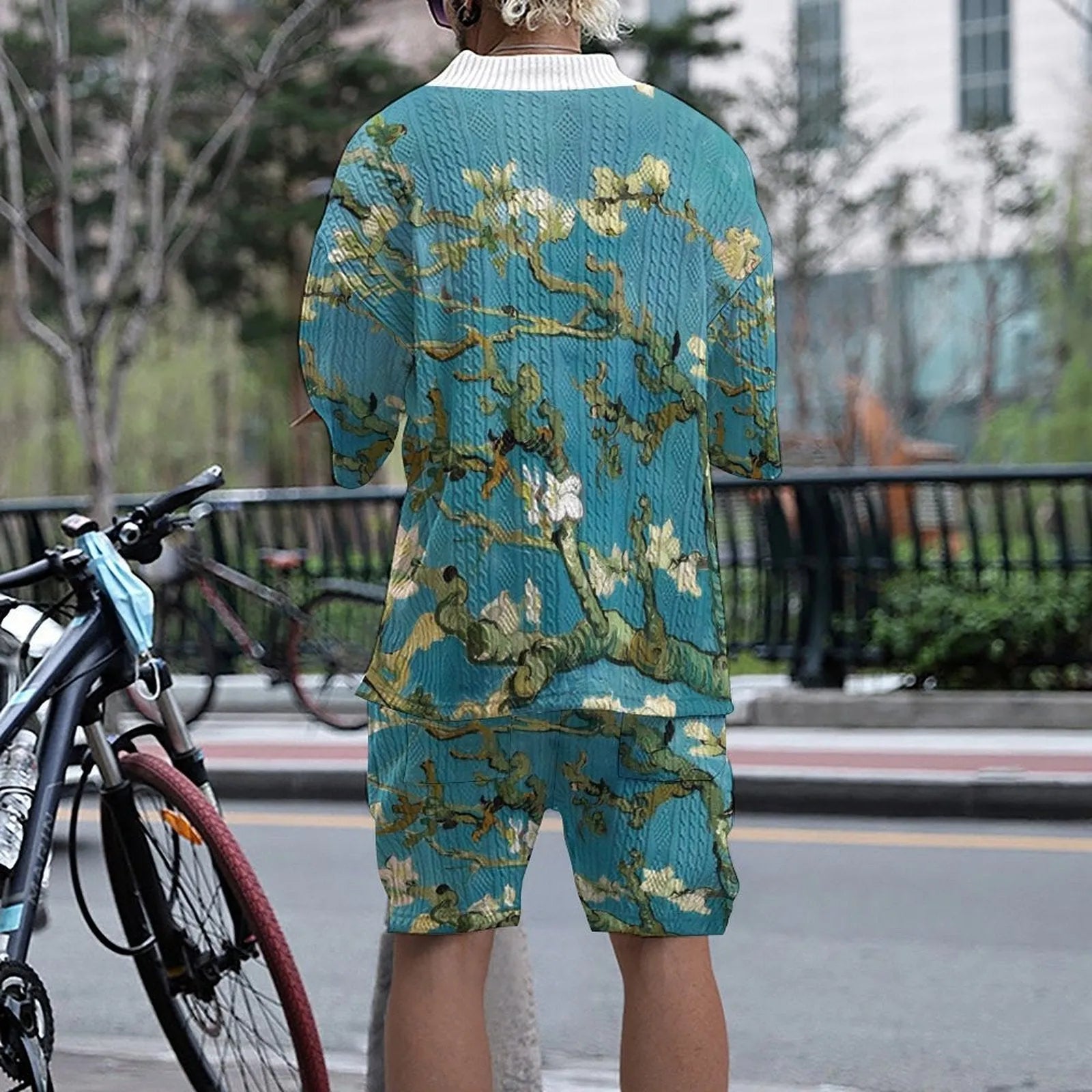 Peacock blue men's 3D printed knitted casual shorts suit with T-shirt style top and mid-length trousers