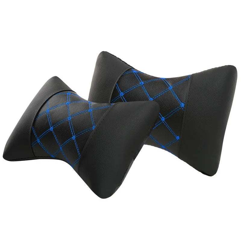 Quilted diamond-pattern black leather car headrest pillow for neck support.