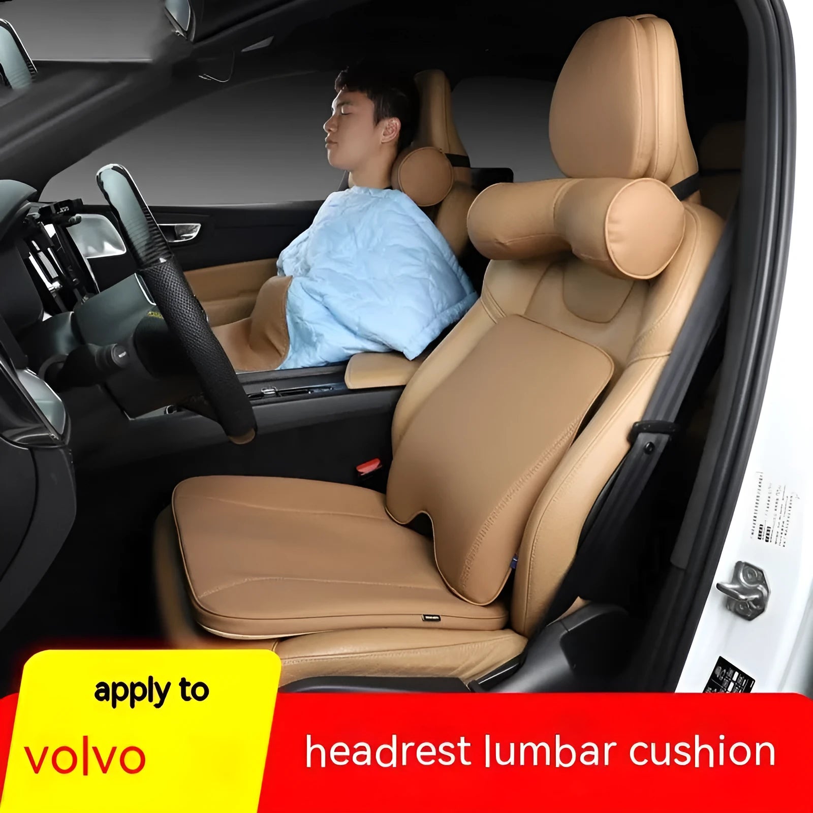 Volvo car seat headrest, neck pillow and lumbar support cushions in minimalist style with synthetic fibre filling