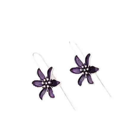A pair of purple flower-shaped alloy earrings with an electroplated finish.