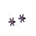 A pair of purple flower-shaped alloy earrings with an electroplated finish.