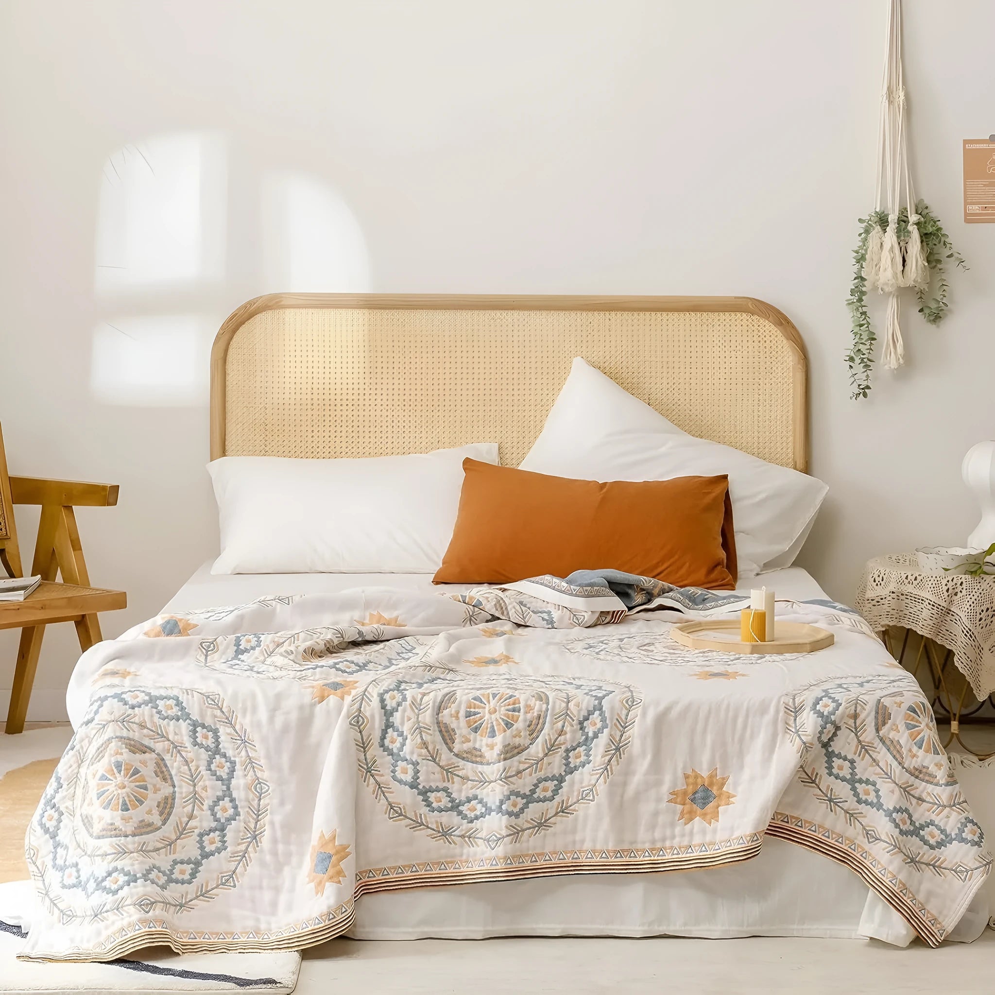 Simple cotton geometric pattern towel blanket laid flat, showing its modern design and texture.