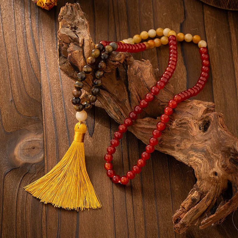 Vintage tassel bohemian style natural stone beaded long sweater chain with geometric round beads and matching bracelet