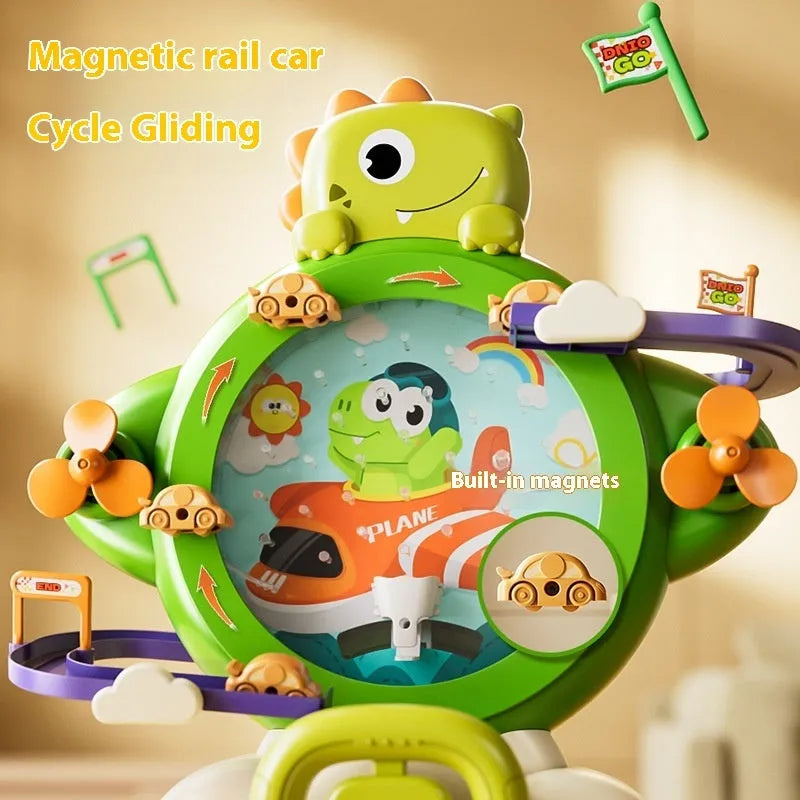 Children's dinosaur bean machine toy with 15 beads and 2 cars in green plastic for indoor play