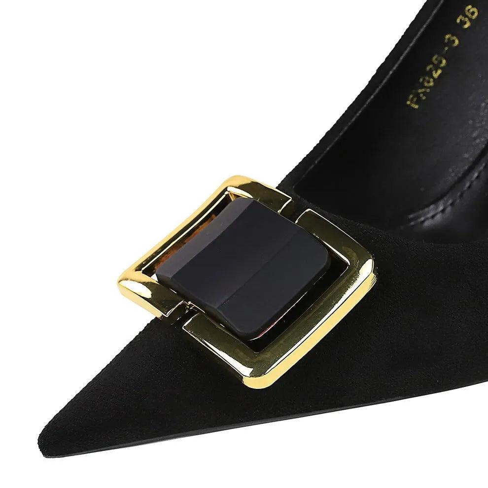Black suede women's stiletto high heels with a pointed toe and a 9cm rubber sole.