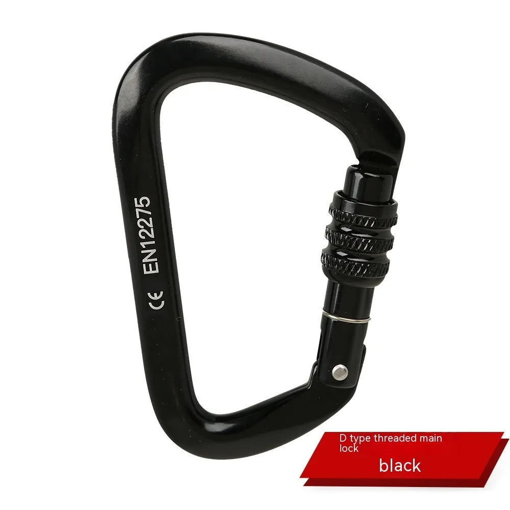 D-shaped locking climbing carabiner main lock in silver red colour with automatic gate closure.