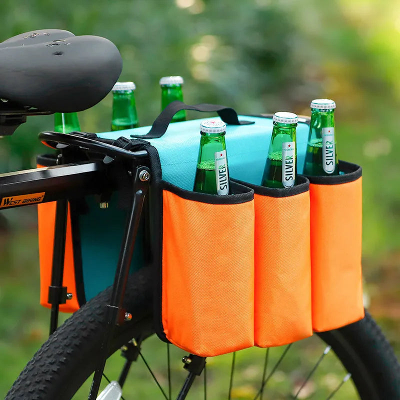 Black and orange bicycle-mounted drink holder bag with double-sided storage compartments