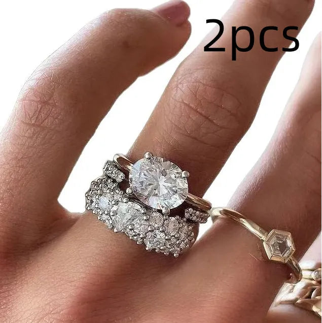 Women's three-piece oval mosaic zircon ring set with geometric designs in electroplated alloy