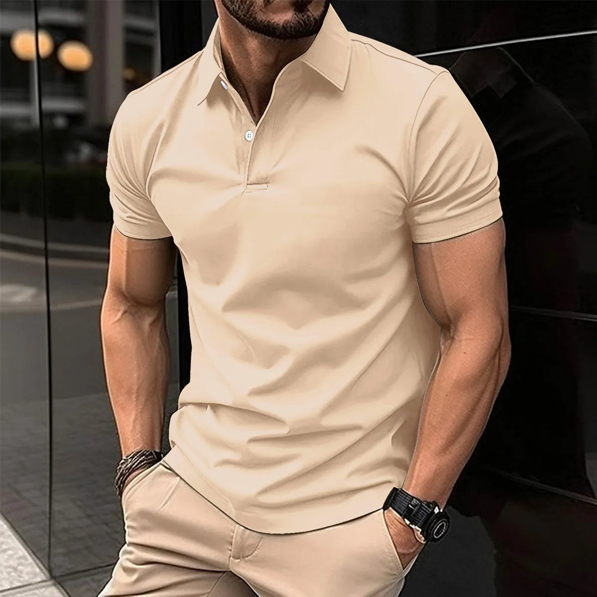 Men's solid colour short sleeve polo shirt with a button-down lapel collar, shown in a light green colour.