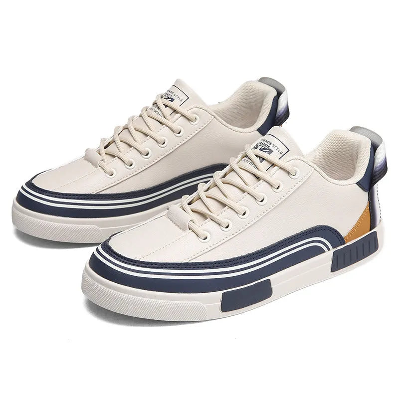 Men's casual canvas shoes with mesh panels in beige, white and green colours, flat heel design