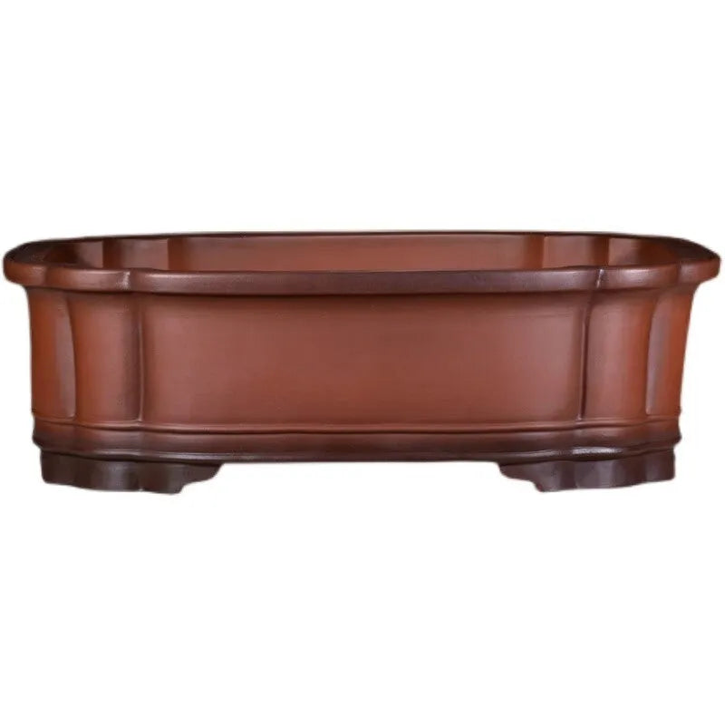 Antique finish Chinese style purple clay rectangular flowerpot measuring 71cm long, 54cm wide, and 23cm high.