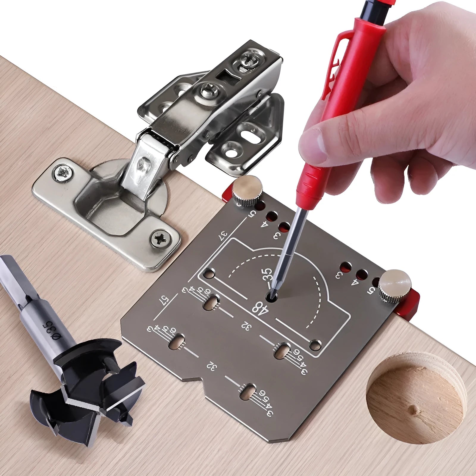 Red aluminium alloy hinge locating rule tool for installing 35mm cabinet and wardrobe hinges.