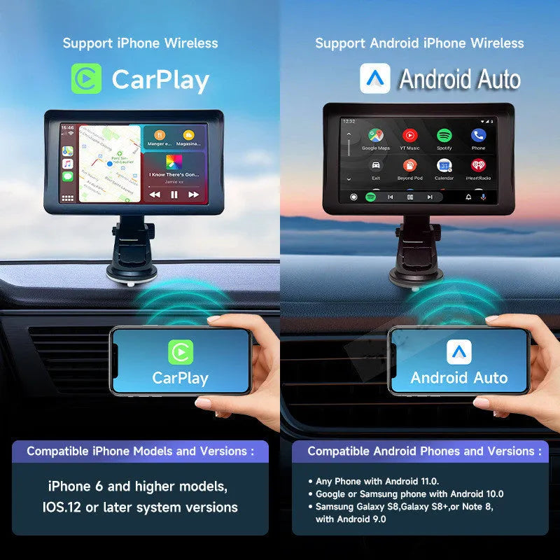 7-inch portable car smart screen with wireless CarPlay on a retractable windshield mount