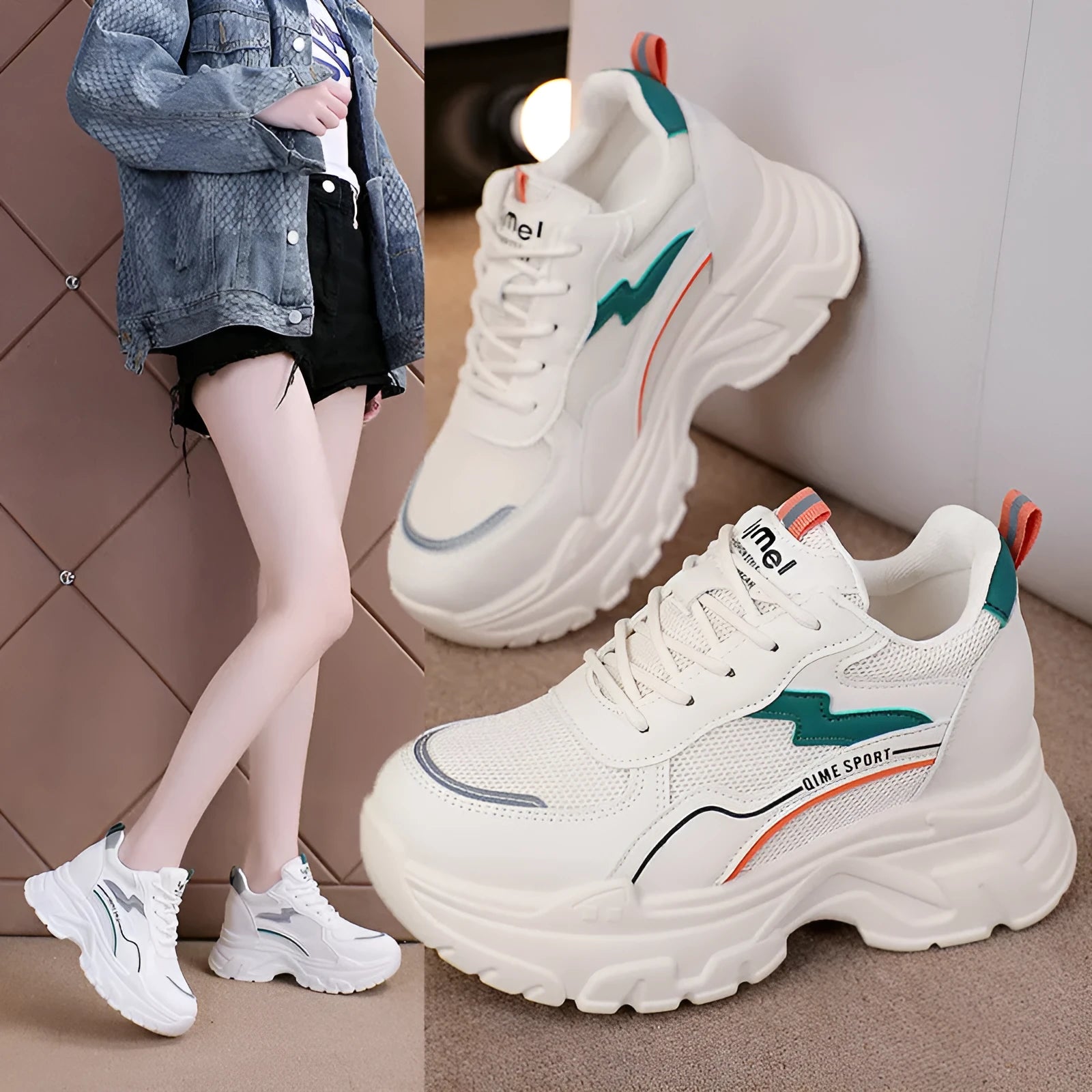 Women's white and beige height increasing dad shoes with cross straps and rubber sole.