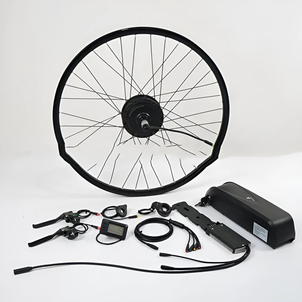 Lithium electric bicycle conversion kit with 36V 250W motor, controller, handlebar, and brake lever in black
