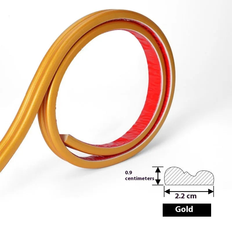 Flexible PVC self-adhesive edge banding trim roll in black, gold, silver, and white colour options.
