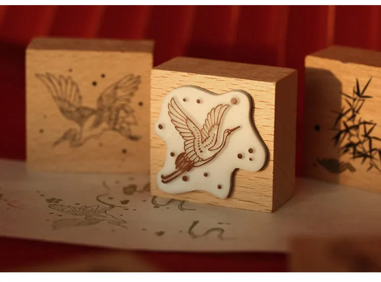 Mr. Paper wooden stamp seal with a crane design from the Huahegui series.