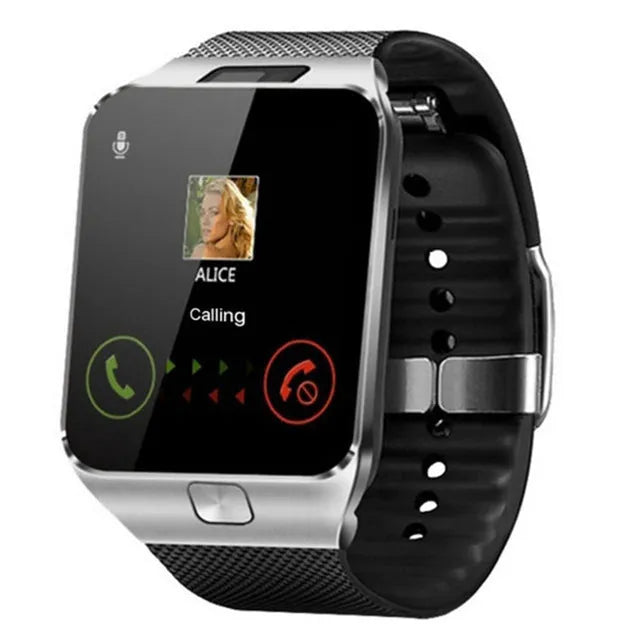 Smart watch with touch screen showing time display, worn on wrist with adjustable strap, for Bluetooth calling.