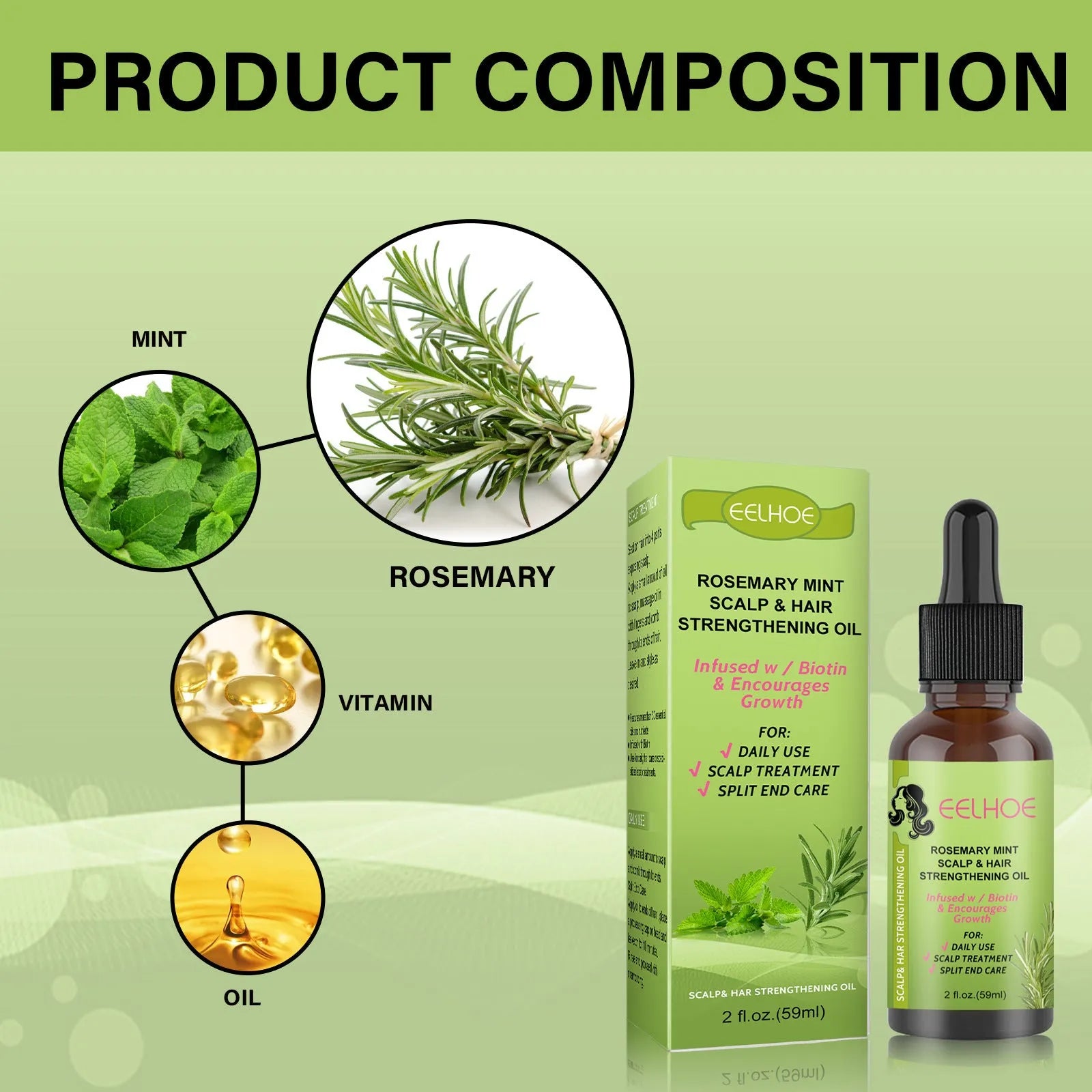 Rosemary mint hair growth fluid bottle, 59ml with natural plant extracts for scalp massage