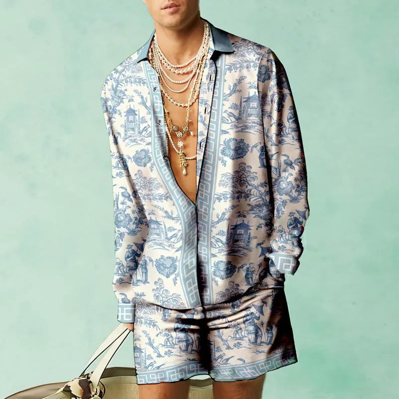 Men's slim fit polyester shirt and shorts set in colour matching pattern for summer casual wear