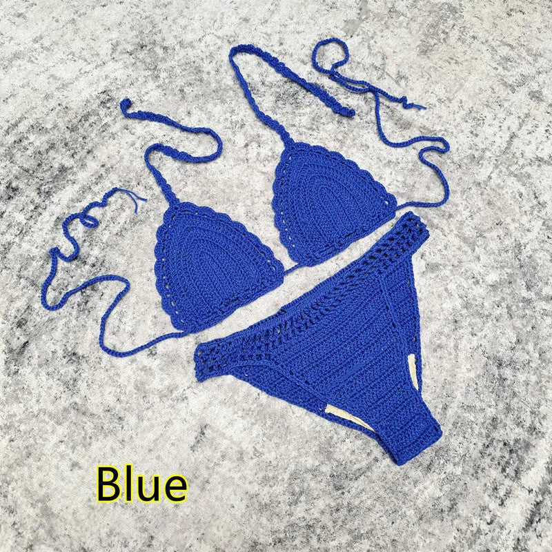 Women's three-piece bikini set with handmade crochet beach skirt in acrylic fabric
