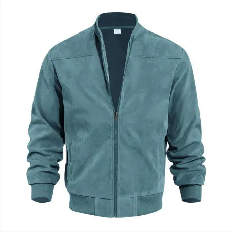 Men's plus size suede casual zip-up jacket in army green on a hanger.