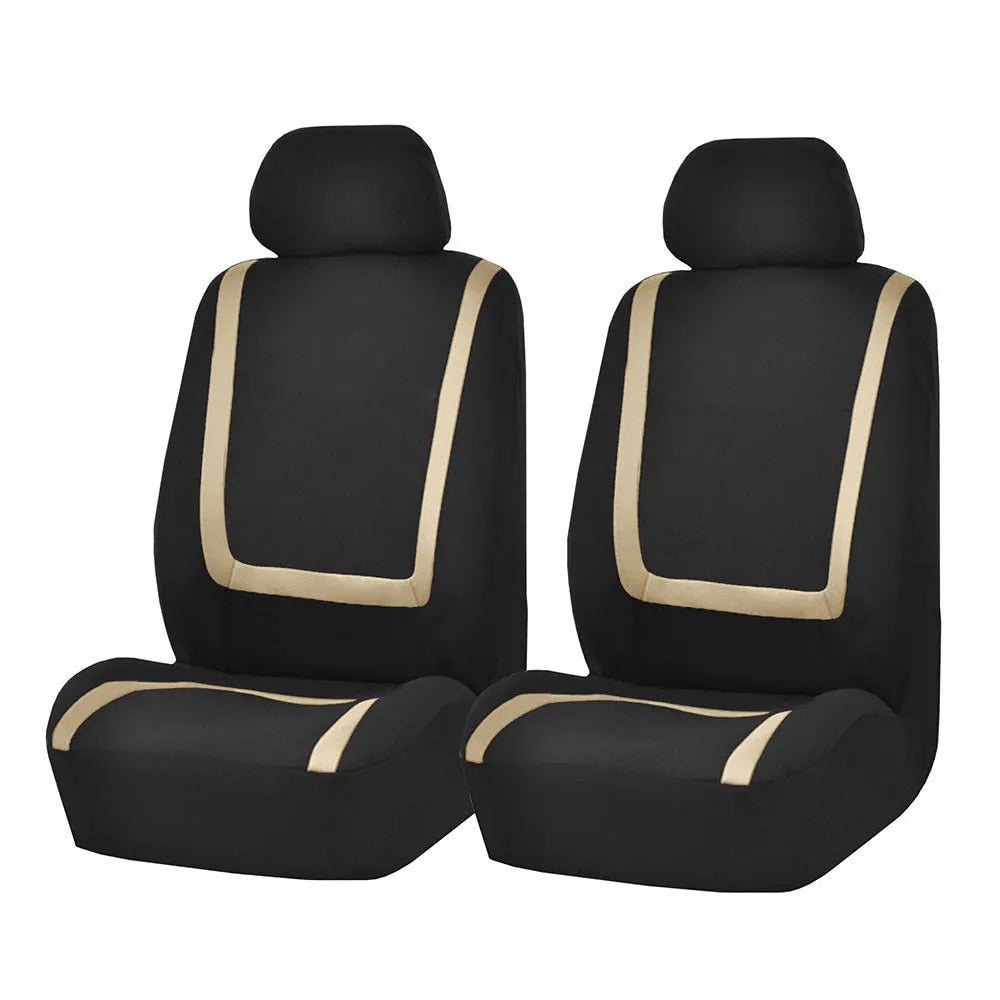 Universal fabric car seat cover set showing headrest and seat panels in a two-tone colour option