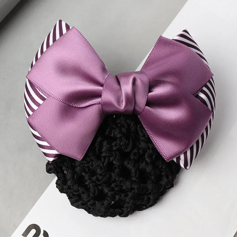 Professional hair clip headdress with flower bow net pocket in multiple colour variations