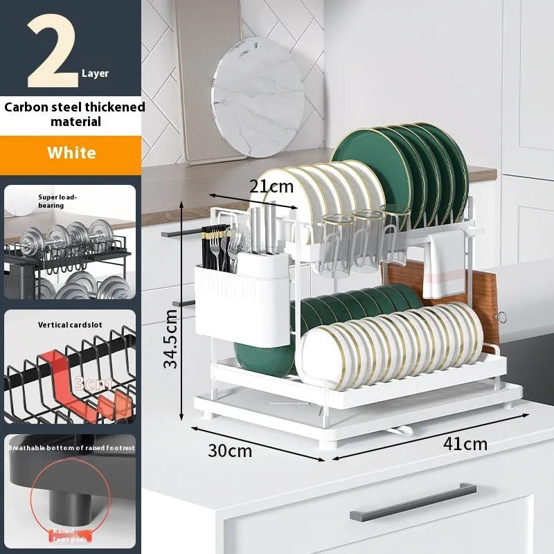 White double-layer kitchen storage rack with removable draining feature on countertop