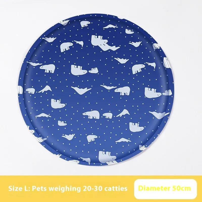 Round pet cooling mat with cartoon design, shown in beige bunny and blue cat patterns.