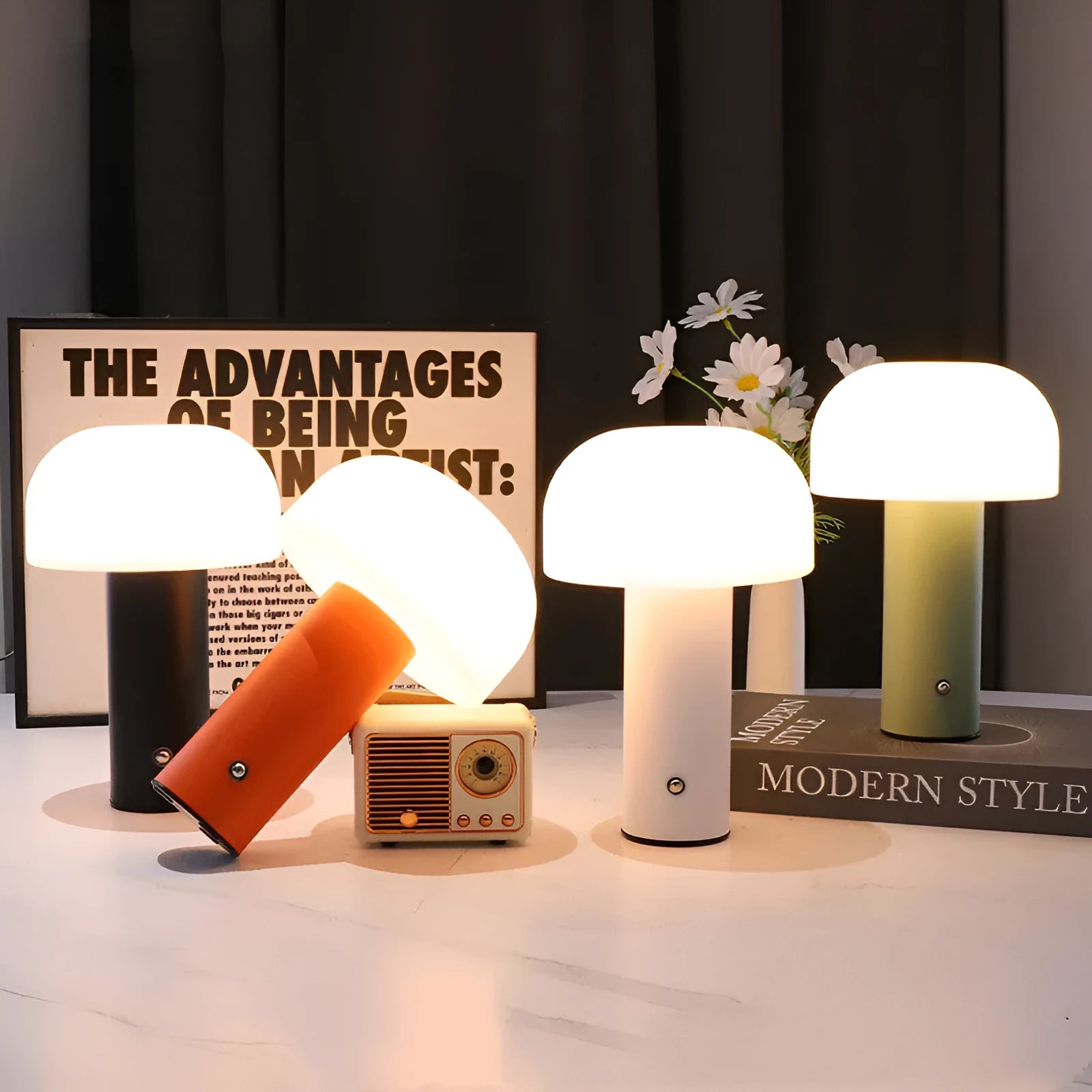 USB and plug-in dual-power decorative table lamp in black, green, orange, or white.