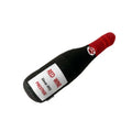 Green plush pet toy shaped like a wine bottle for dogs or cats to play with.