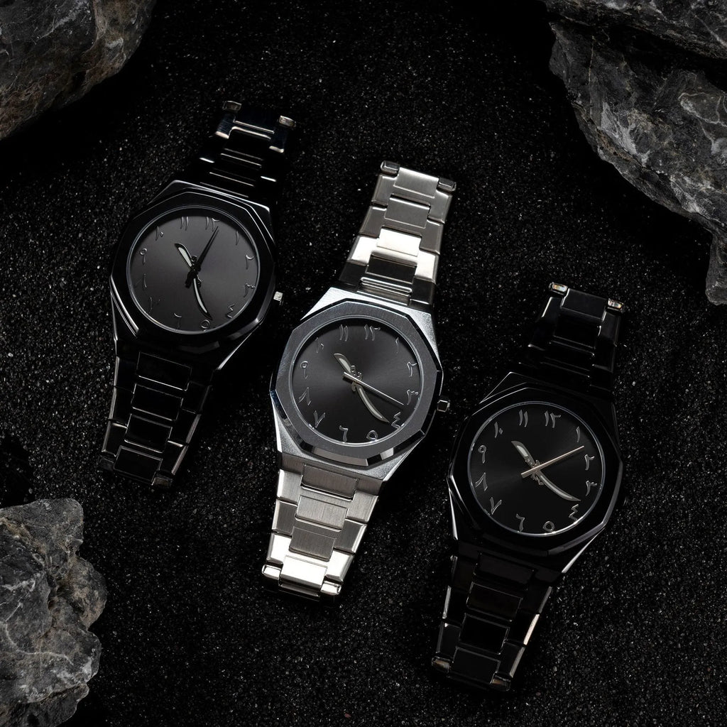 Men's steel belt business watch with quartz movement and 10mm thickness on wrist.