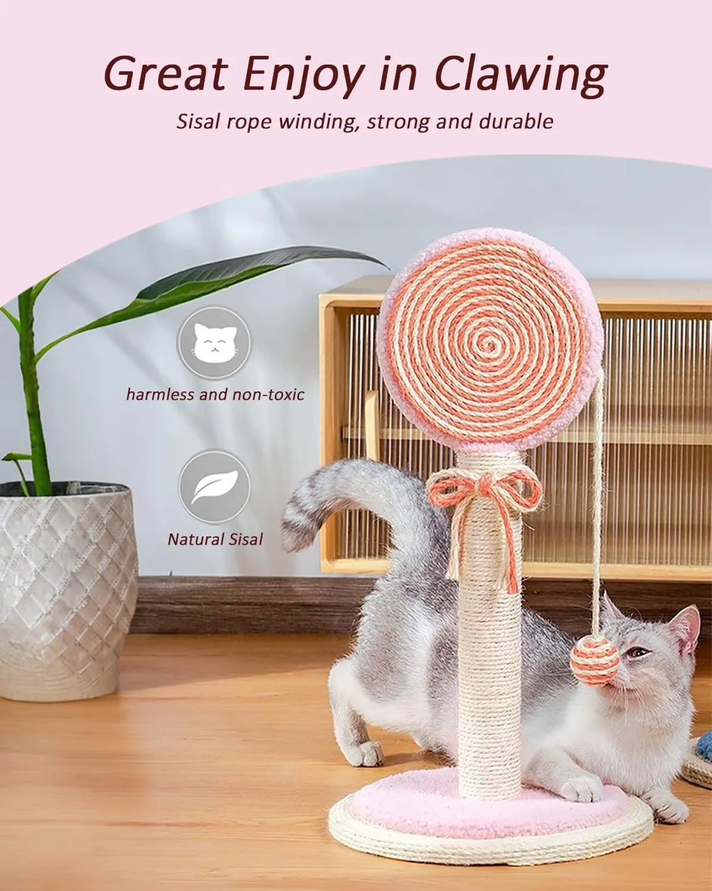 Blue sisal rope cat scratching post with hanging ball toy on a sturdy wooden base