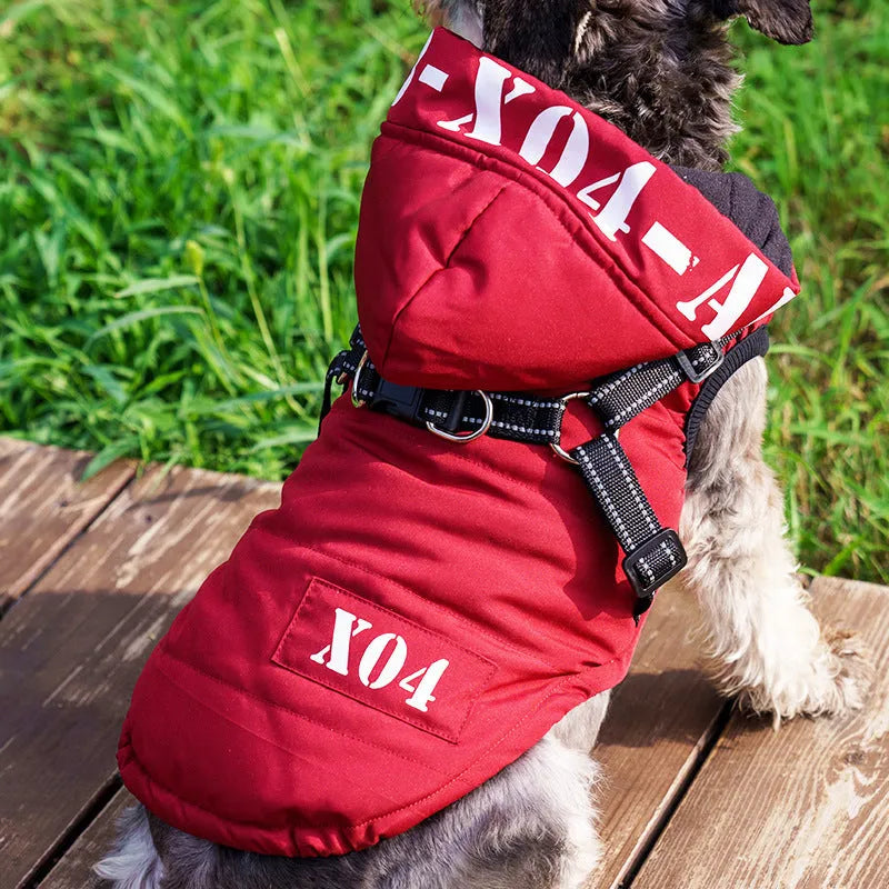 Red fleece-lined waterproof dog jacket with hood on a dog, showing casual style.