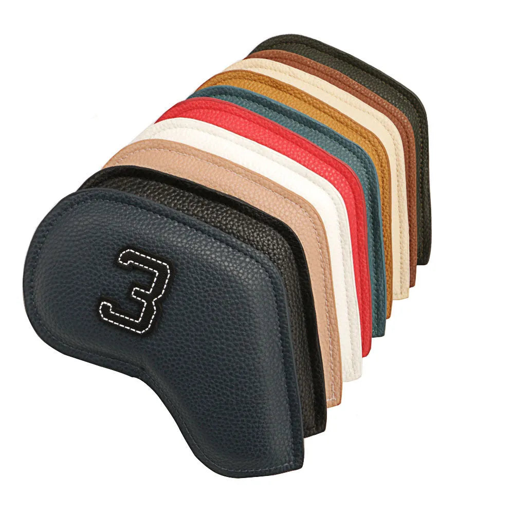 Set of ten digitally printed PU leather golf club head covers in assorted colours.