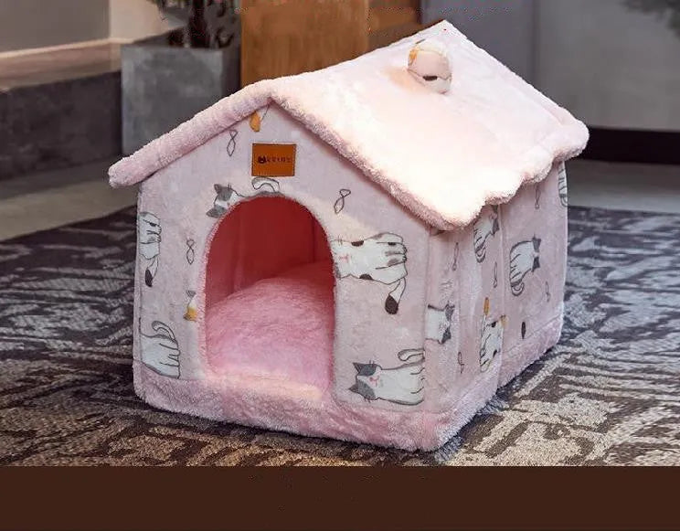 Foldable dog house pet cat bed in cave style with self-warming plush fur and non-slip bottom, available in multiple colours and sizes