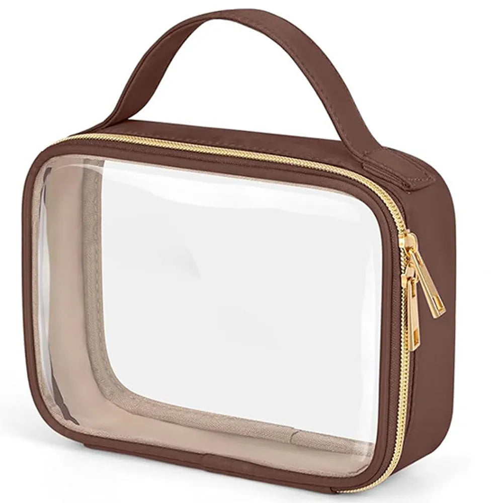 Transparent PVC cosmetic organiser bag with chain in multiple colours including leopard print for lipstick and brush storage.
