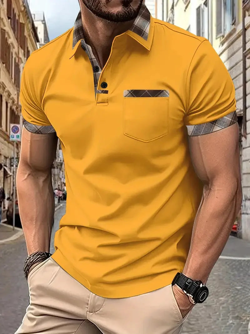 Men's plaid colourblock T-shirt with short sleeves and zipper decorations on front