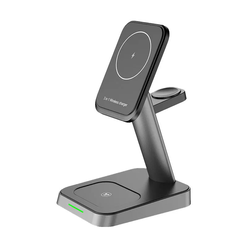 Black minimalist three-in-one wireless charger with vertical phone charging, Apple Watch pad, and 10000mAh power bank