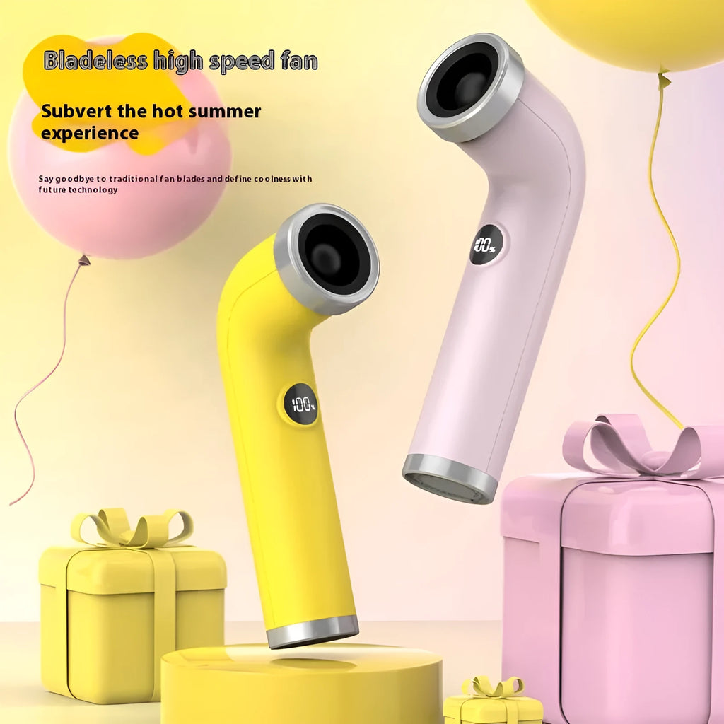 Bladeless lithium battery desk fan in apricot, pink or yellow colour options