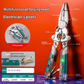 Multi-functional electrician's pliers and wire stripper tool with pointed head and rust-resistant cutting edges.